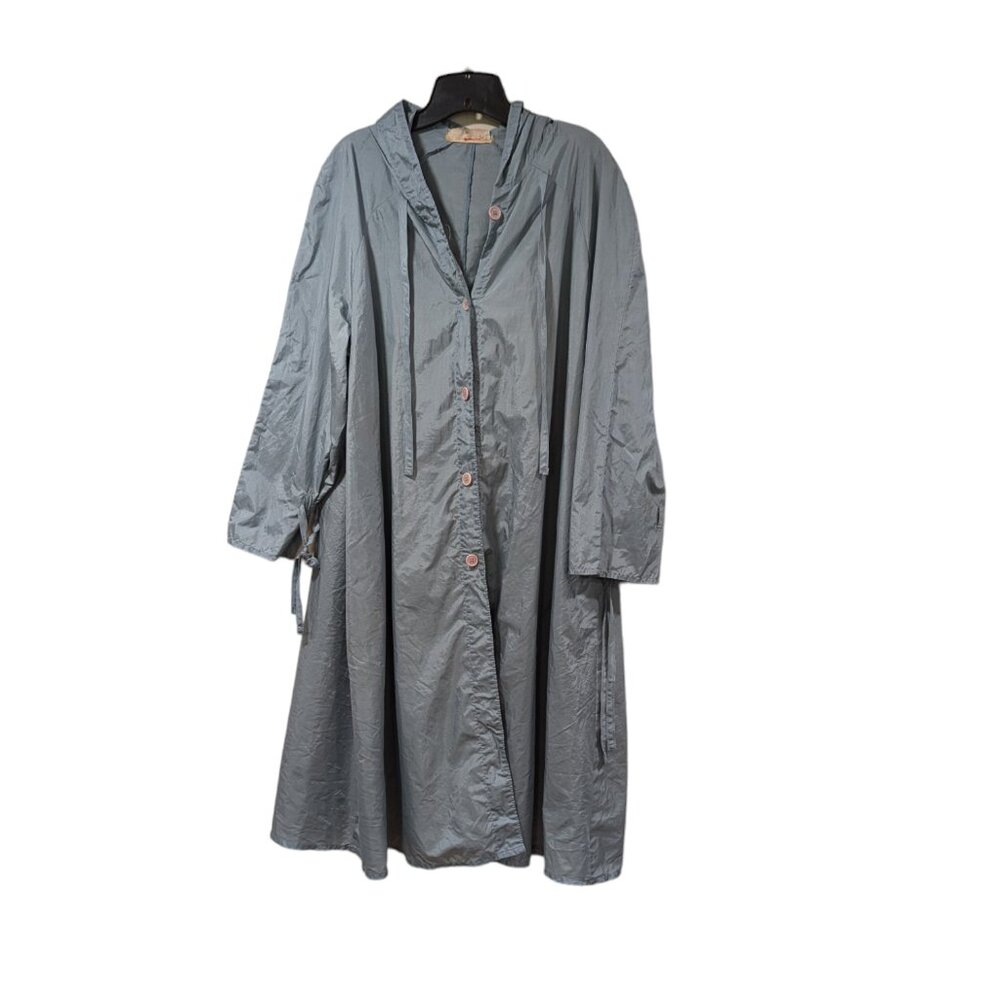 Custom Made Light Blue Hooded Button Up Windbreaker Long Raincoat Jacket